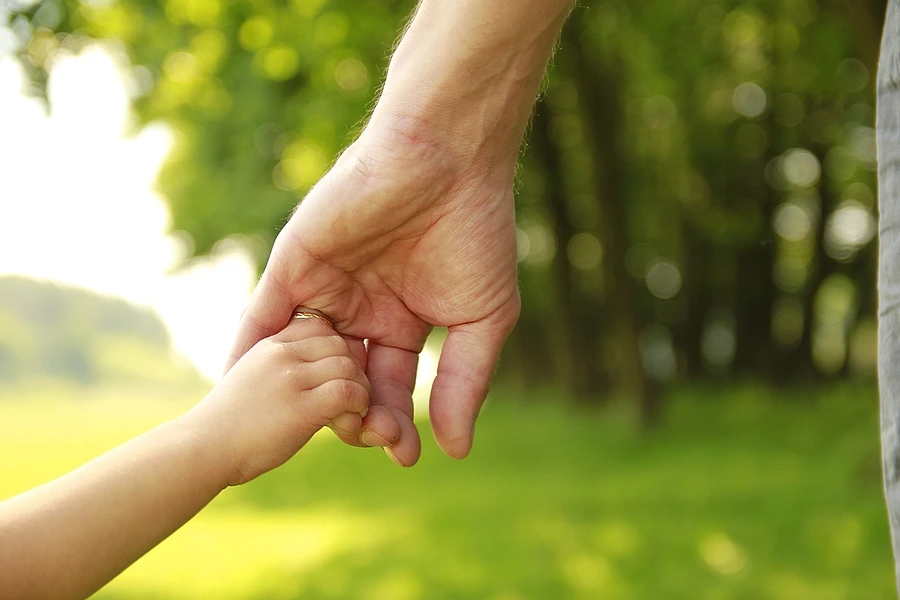 Adult holding child's hand in green field